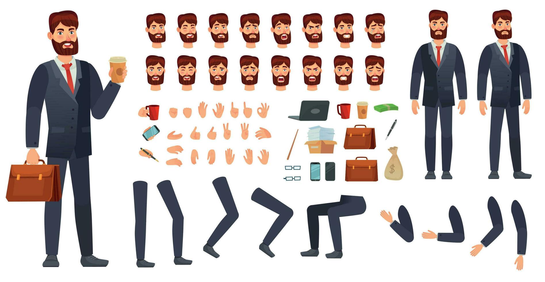 Cartoon businessman character kit. Business characters constructor, different hands gestures, face emotions and legs vector set