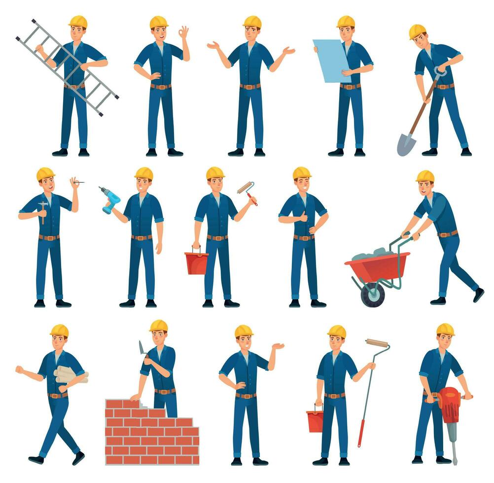 dibujos animados trabajador personaje. técnico trabajadores, constructor y mecánico. masculino trabajadores vector ilustración conjunto