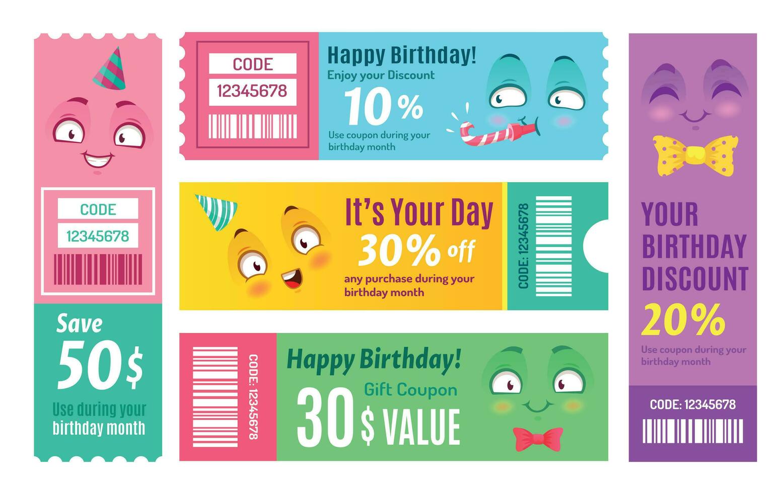 Happy birthday promo voucher. Anniversary coupon, happy gift vouchers and smiling promo code coupons template vector set