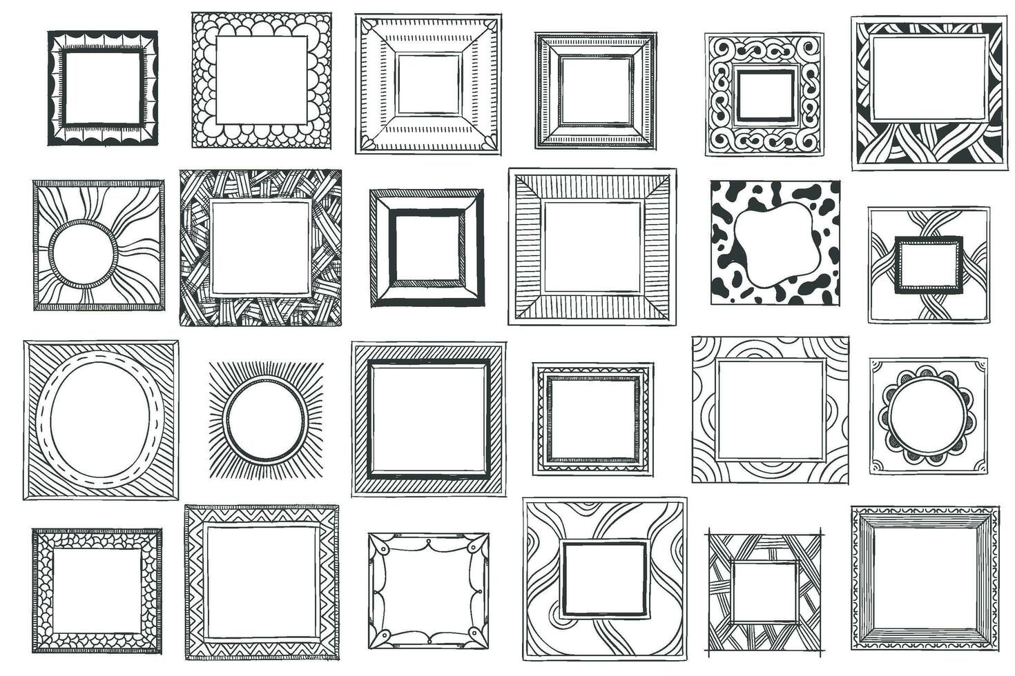 Square hand drawn frames. Sketch picture, doodle mirror or photo frame. Vintage framed painting vector set