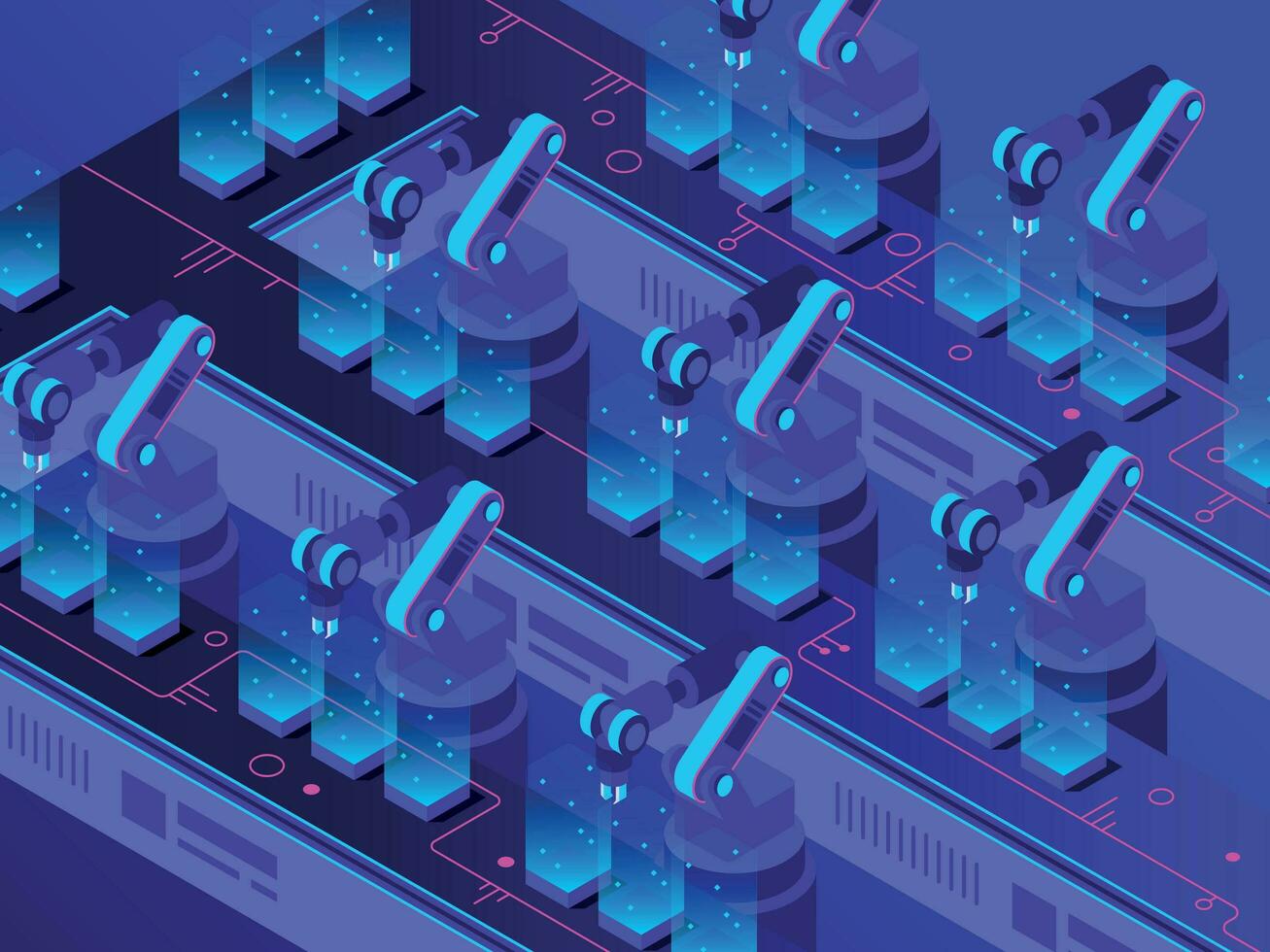 Isometric futuristic production line. Industrial warehouse automation, smart robotic arms and factory machines vector illustration