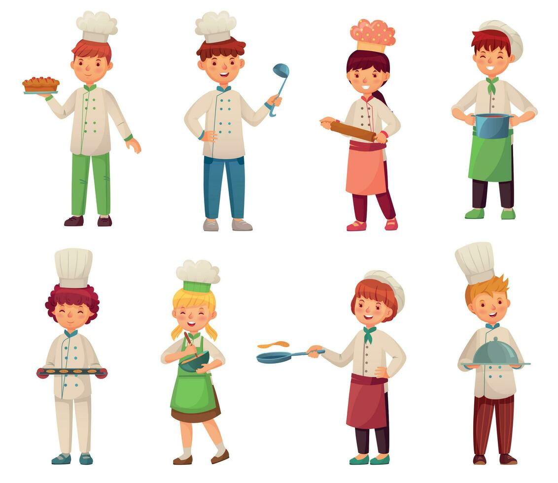 Cartoon cooking children. Little chef cooks food, kid cook and gourmet childrens kitchen chefs vector illustration set