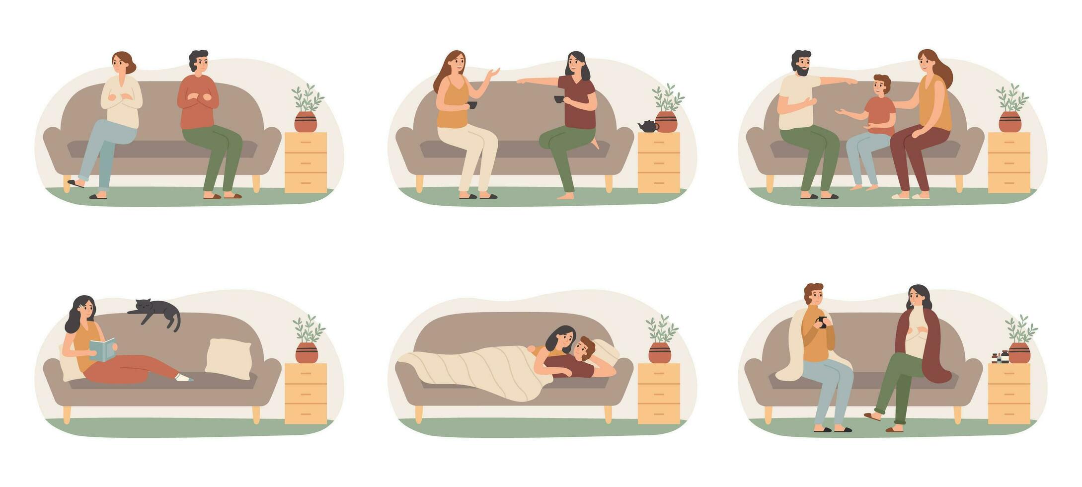 People on sofas. Happy healthy adults on couch, recovering sickness family and people on sofa basking under blanket vector set