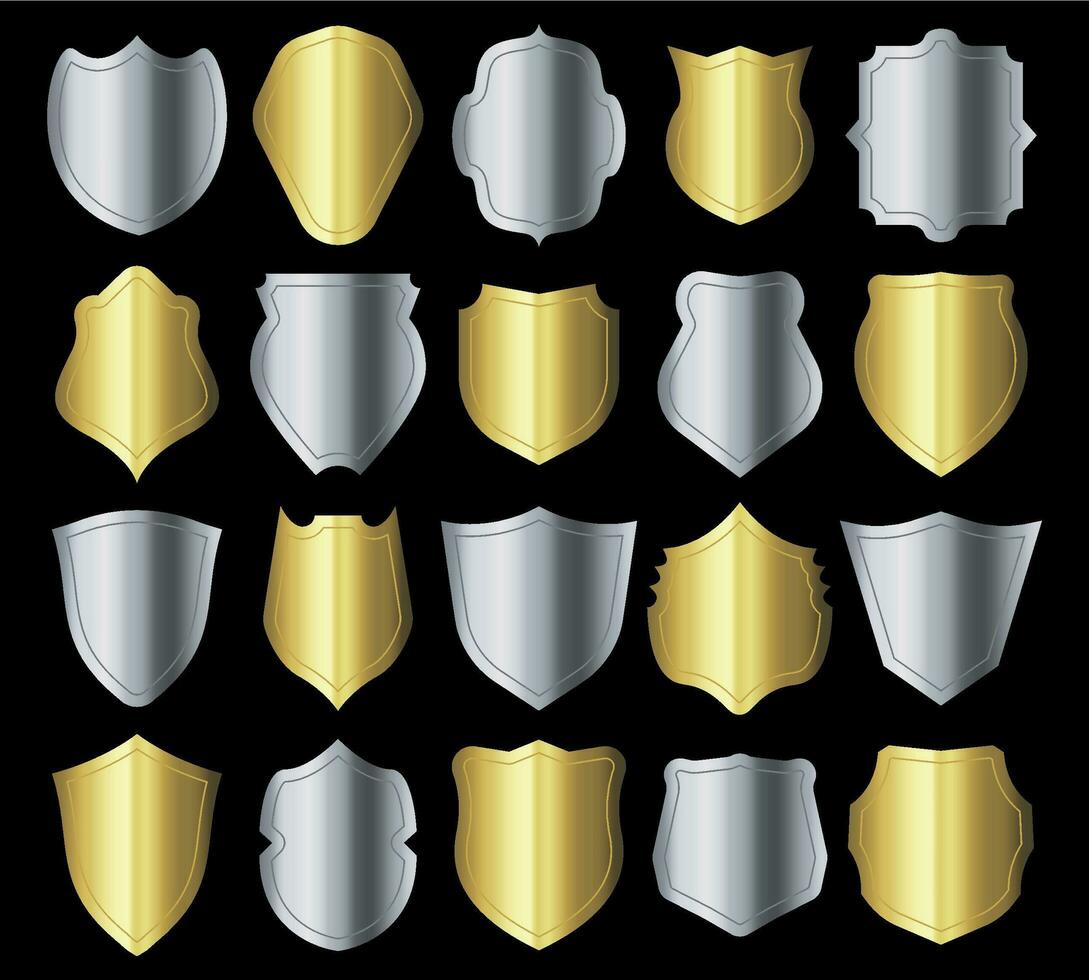 Shield silhouette. Retro crests frame, silver metal security shielding emblem and golden heraldic shields silhouettes vector set