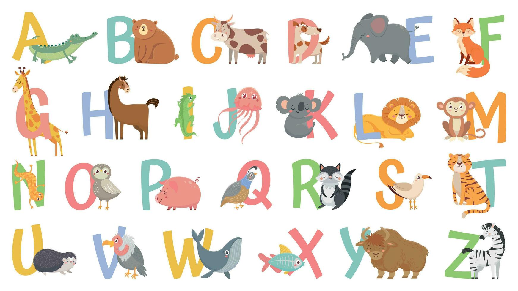 Cartoon animals alphabet for kids. Learn letters with funny animal, zoo ABC and english alphabet for kids vector illustration