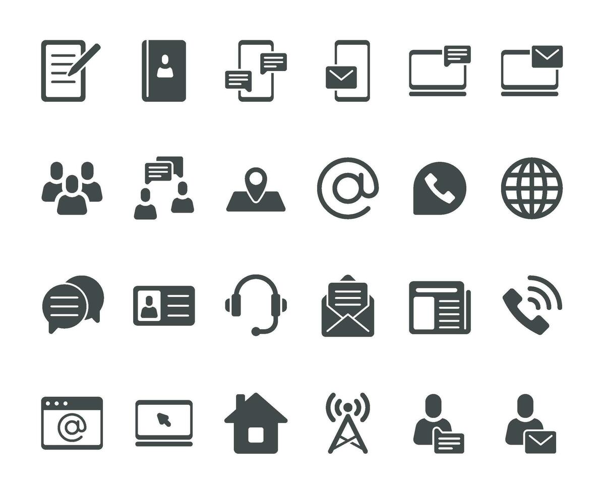 Contact icons. Telephone contacts silhouette, address book icon and email pictogram vector set