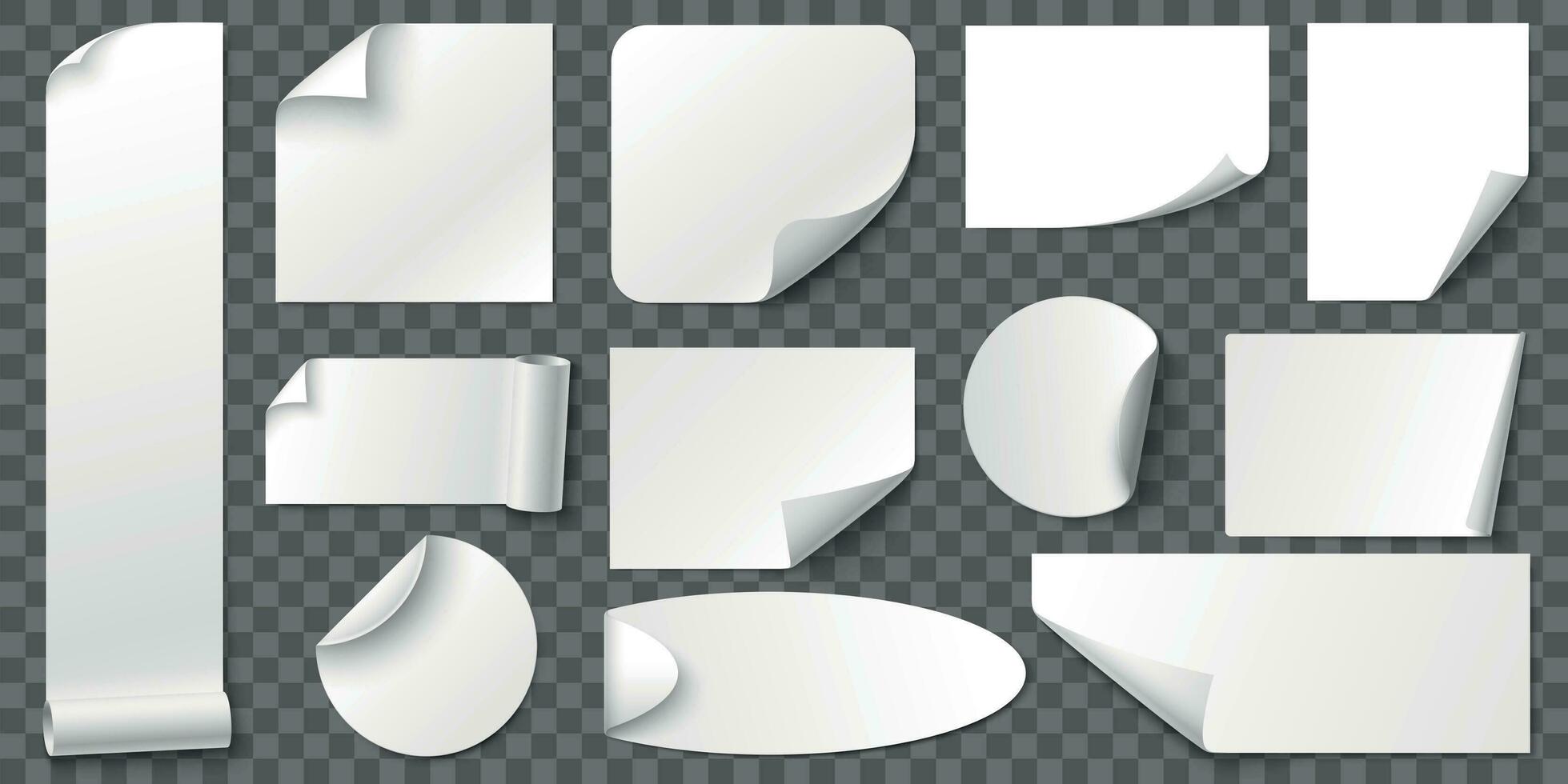 rizado rincones papel pegatinas adhesivo pegatina, blanco etiqueta etiquetas y etiqueta con realista sombra vector conjunto