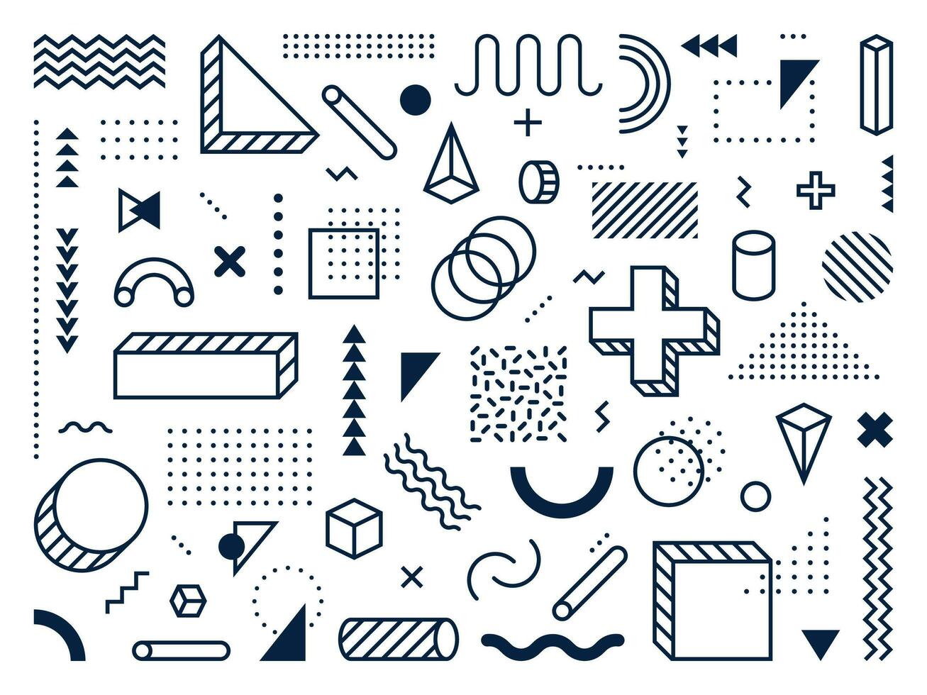 Abstract geometric shapes. Outline circle, triangle and cube. Trendy memphis style symbols, lines and dots patterns vector set
