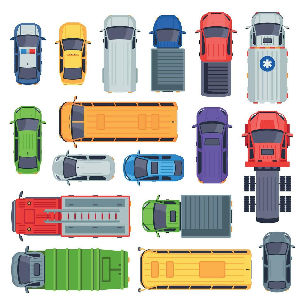 Top view public transport. Taxi car, city buses and ambulance vehicle. Delivery truck, school bus and fire engine vector set