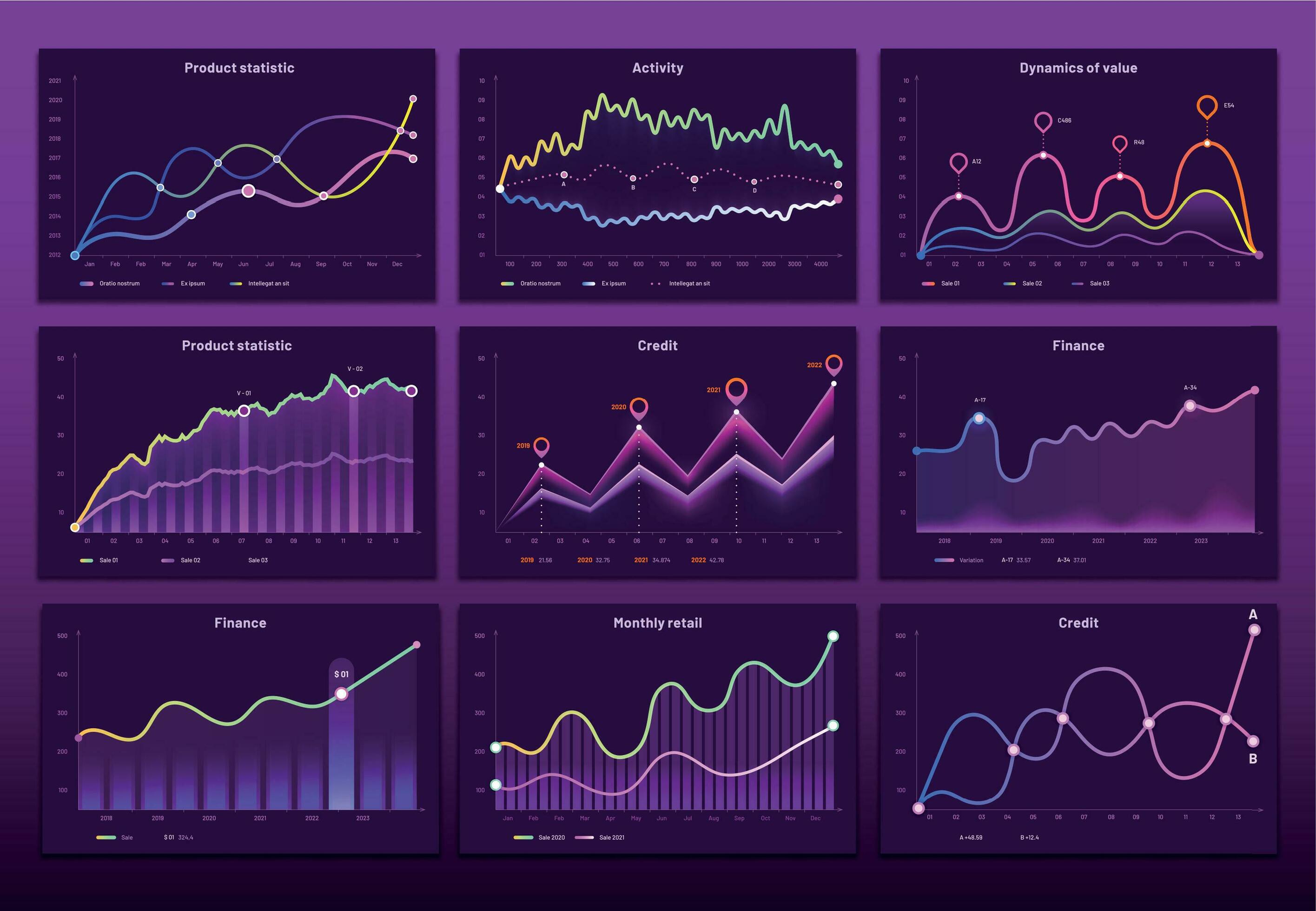 Line graph charts. Business financial graphs, marketing chart graphics