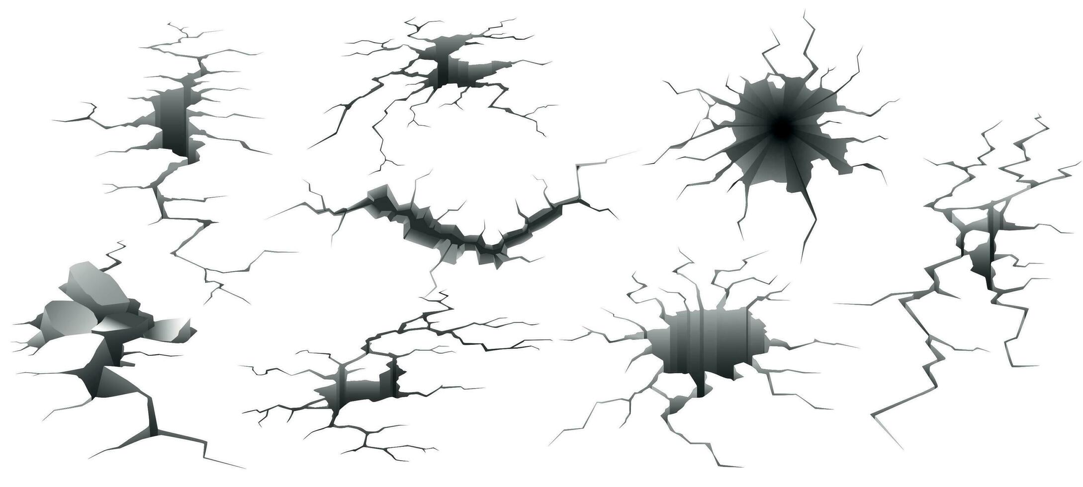 terremoto grieta. arruinado muro, agujero en suelo y destrucción grietas aislado vector ilustración conjunto