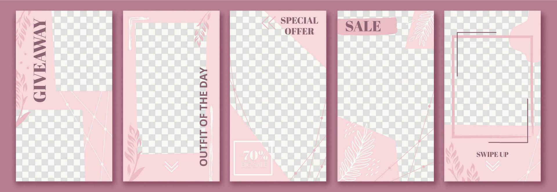 Pink stories template. Cute story post layout, fashion floral poster and graceful sale stories templates layout vector set