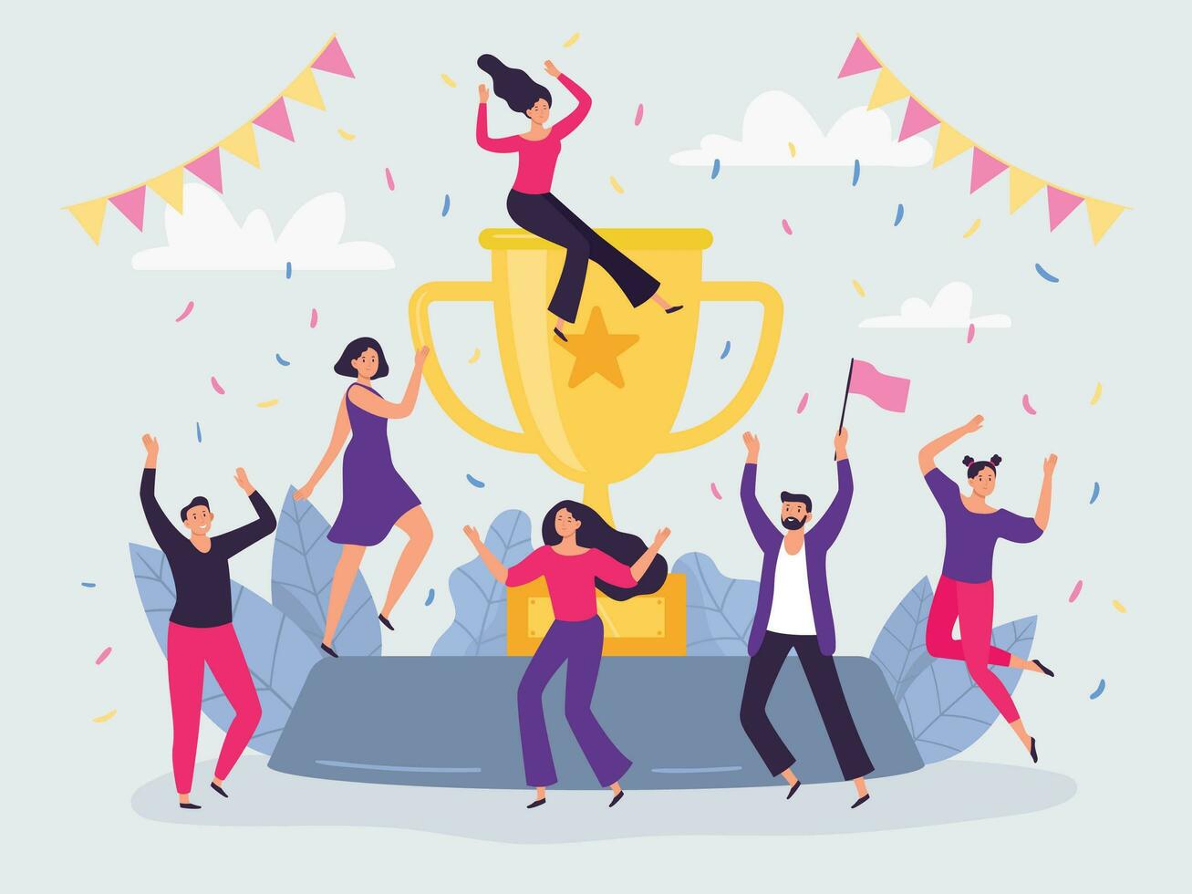 Winners team. Happy people win golden cup, successful champions dancing and celebrating victory flat vector illustration