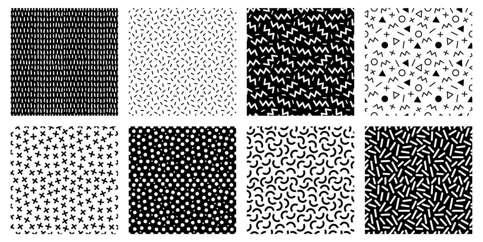 Memphis seamless patterns. Geometric lines and dots texture, black and white 80s textures and funky pattern vector set