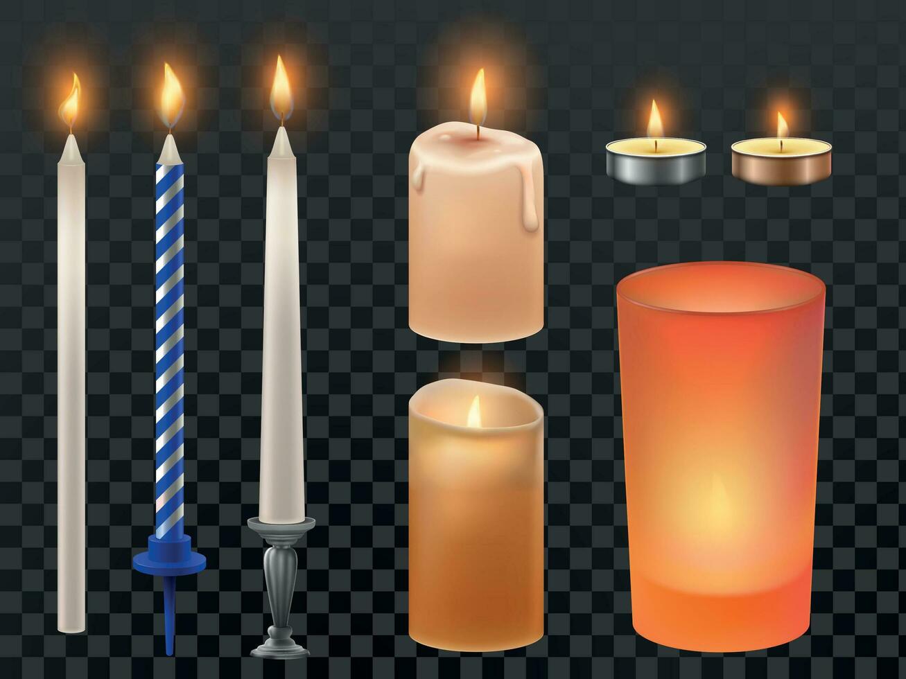 Realistic candle. Christmas holidays or birthday candles, flicker flaming wax and romantic fire flame. Candlelight isolated vector set