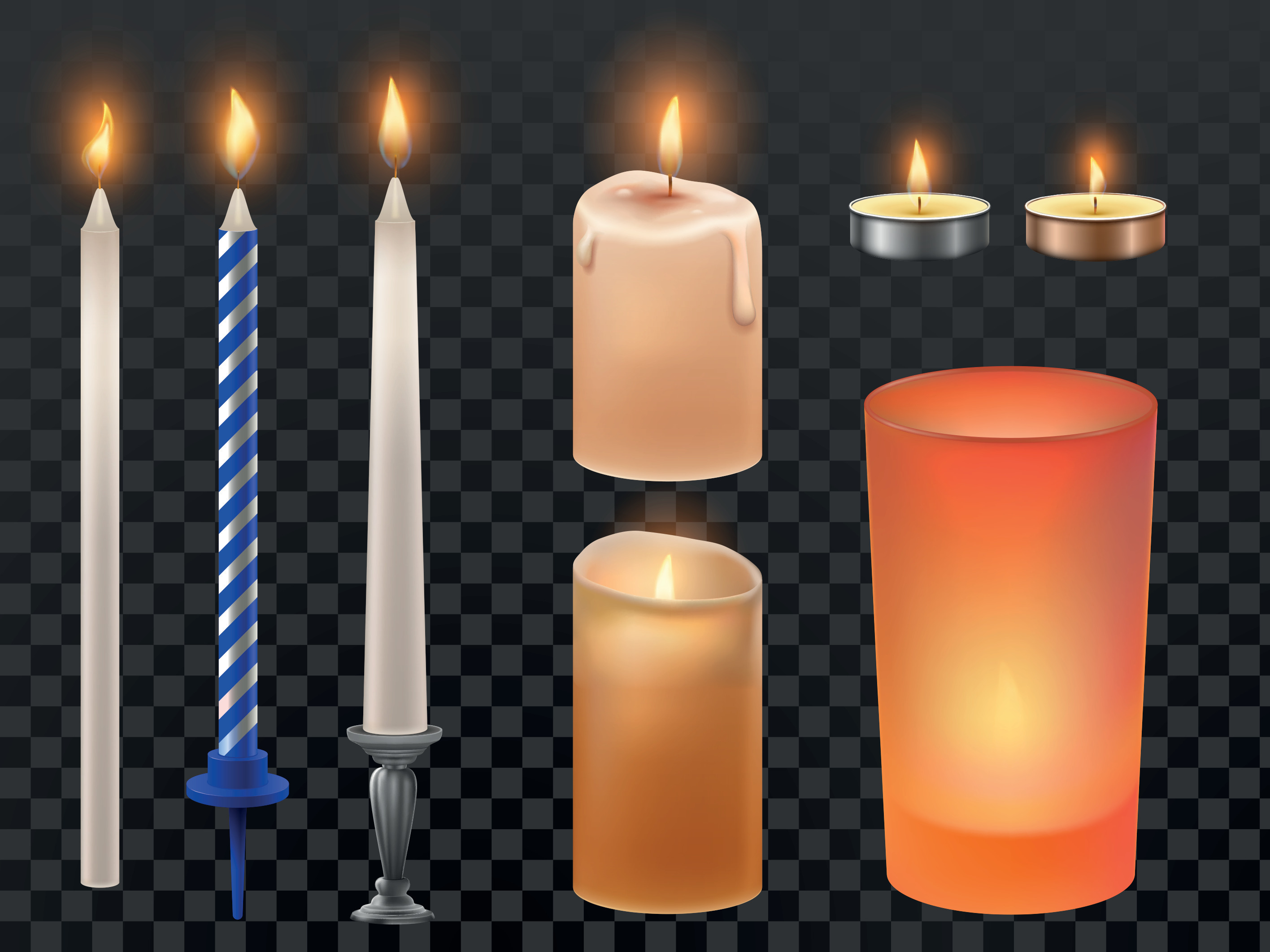 Realistic candle. Christmas holidays or birthday candles, flicker