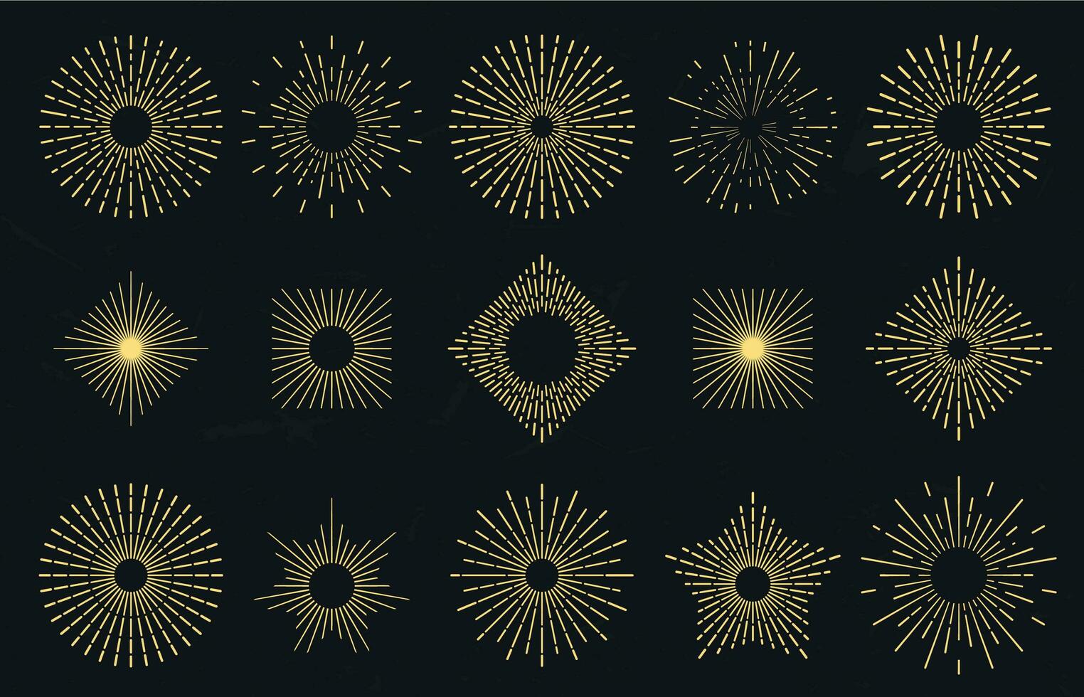Golden sunburst. Radiant sun flame, sunburst rays border and retro shine sparkle lines badge vector set