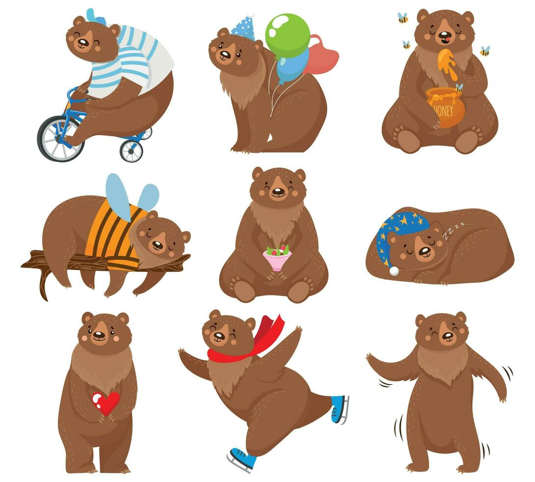 Cartoon bears. Happy bear, grizzly eats honey and brown bear character in funny poses isolated vector illustration