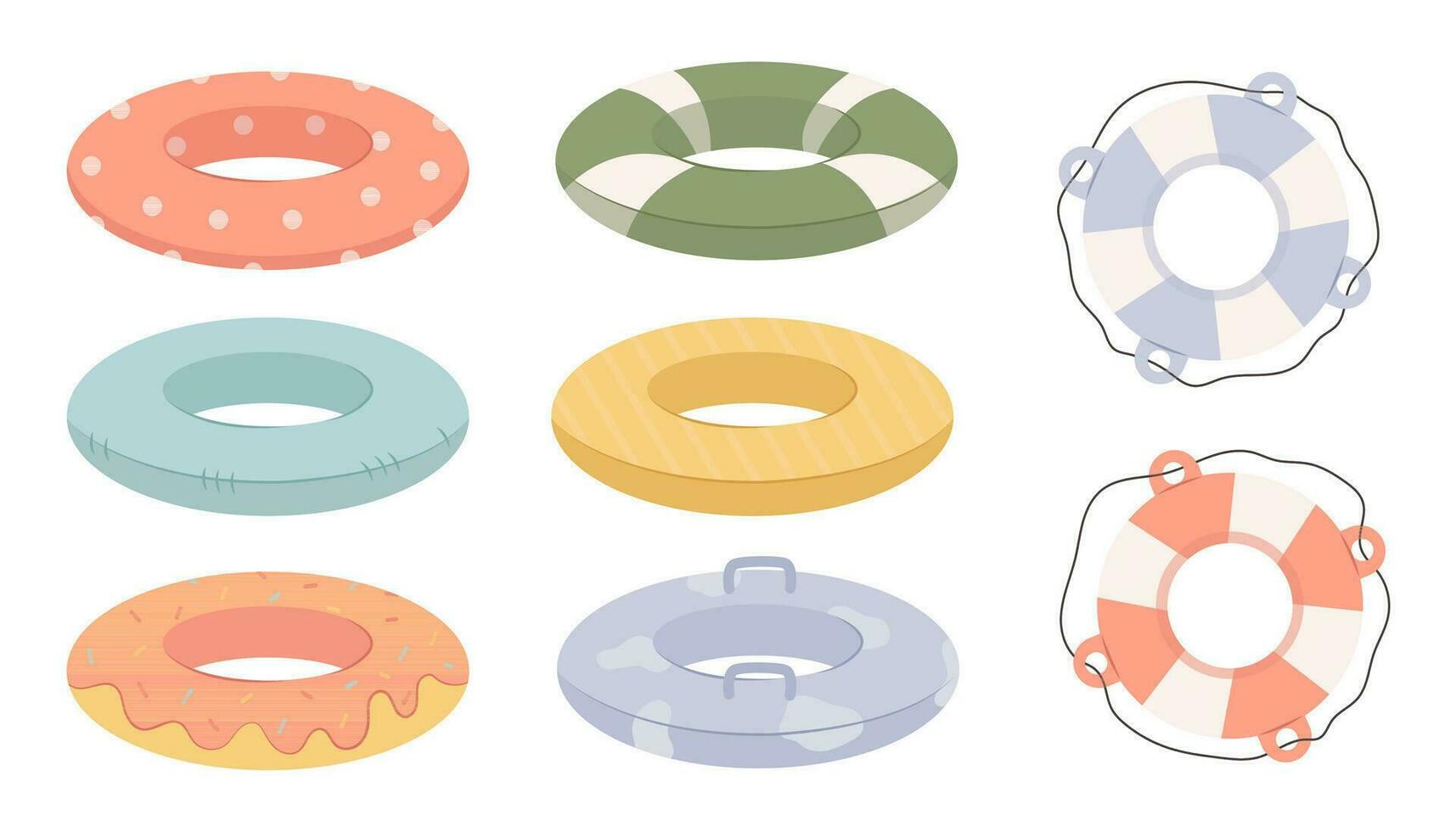 Summer pool rubber ring set. Set of swim rings on white background. Inflatable rubber toy for water and beach. Colorful lifebuoy for swimming in various prints. Vector stock illustration.