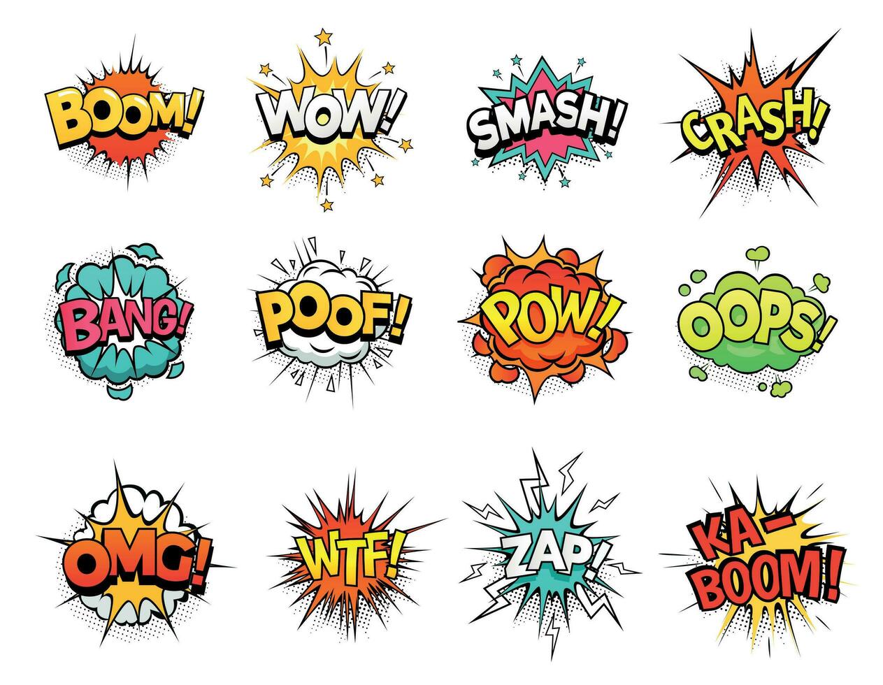 Cartoon comic sign burst clouds. Speech bubble, boom sign expression and pop art text frames vector set