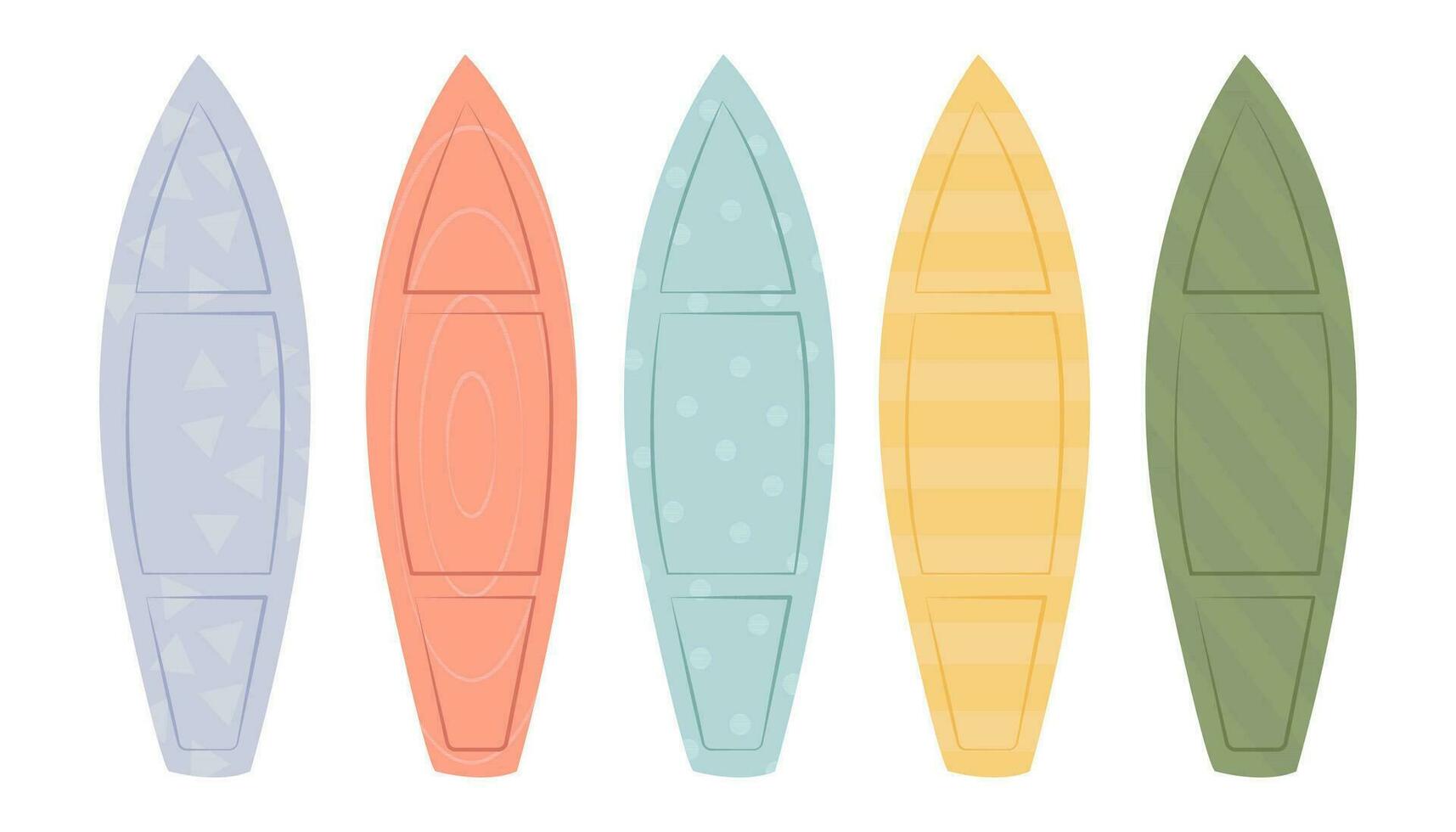 Set of Surfboards with Different Bright and Unusual Pattern Designs. Various Surf Desks, Surfing Boards Collection, Shortboard and Longboard Isolated on White Background. Cartoon Vector Illustration