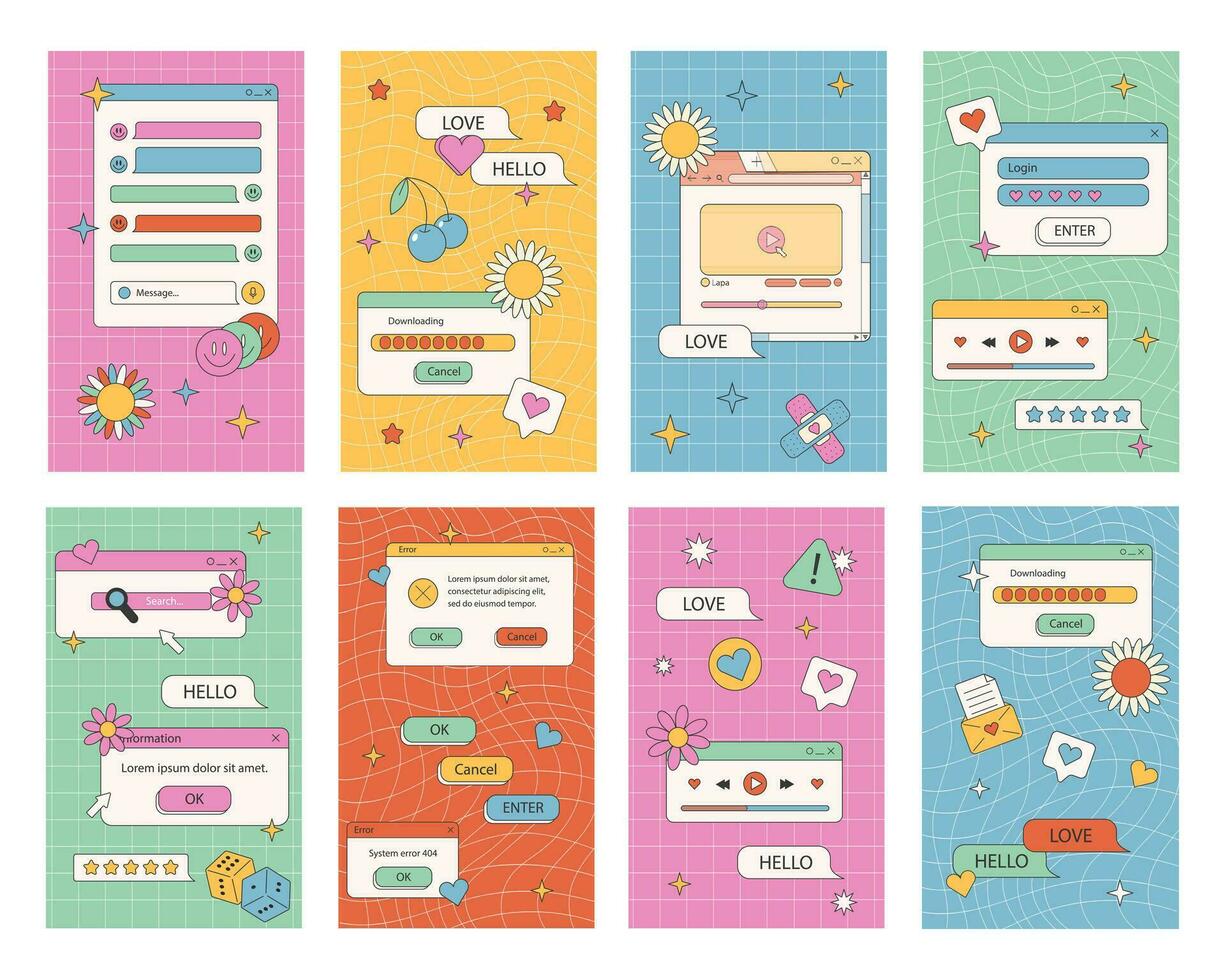 Retro UI post template. Cool 90s aesthetic social media stories frames, app window with groovy background vector set. Illustration of graphic template retro groovy. Vector stock illustration,