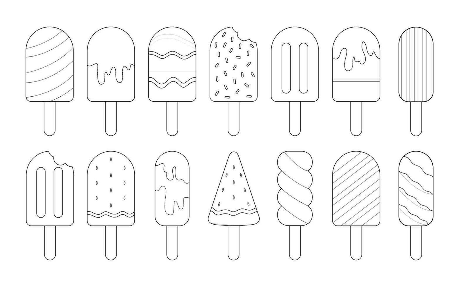 Black and white Ice cream cone icon set 8 elements. Coloring book page for adults and kids. Summer fast food vector illustration for gift card, flyer, certificate or banner, icon, logo, patch, sticker