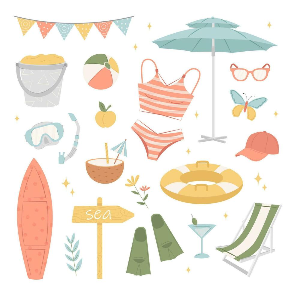 Big summer set. Beach set of cute elements, swimsuit, sun lounger with umbrella, swimming circle, fruit, fins and mask, beach bag, surfboard, cap. cartoon vector illustration. Active summer vacation.