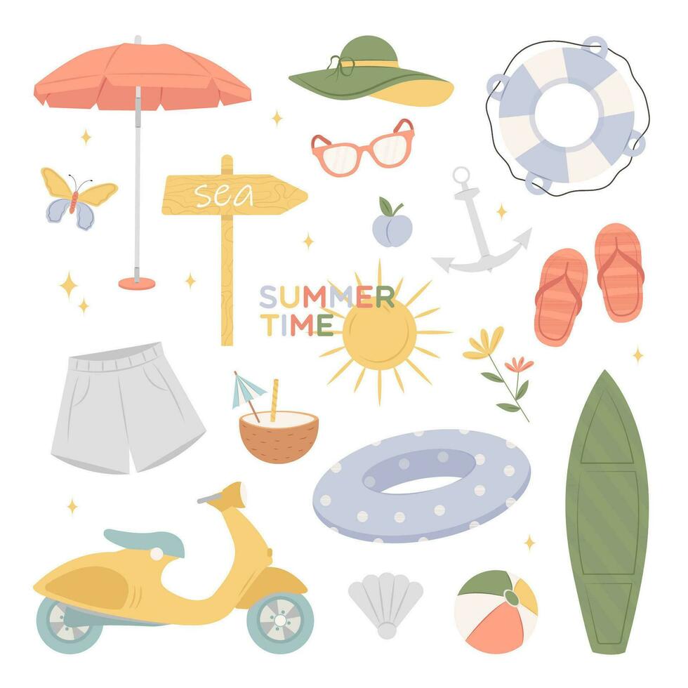 Set of cute summer elements for beach holidays. Active sea recreation. Beach umbrella, shorts, pointer, moped, rubber ring. Tropical vacation. Vector illustration isolated on white background