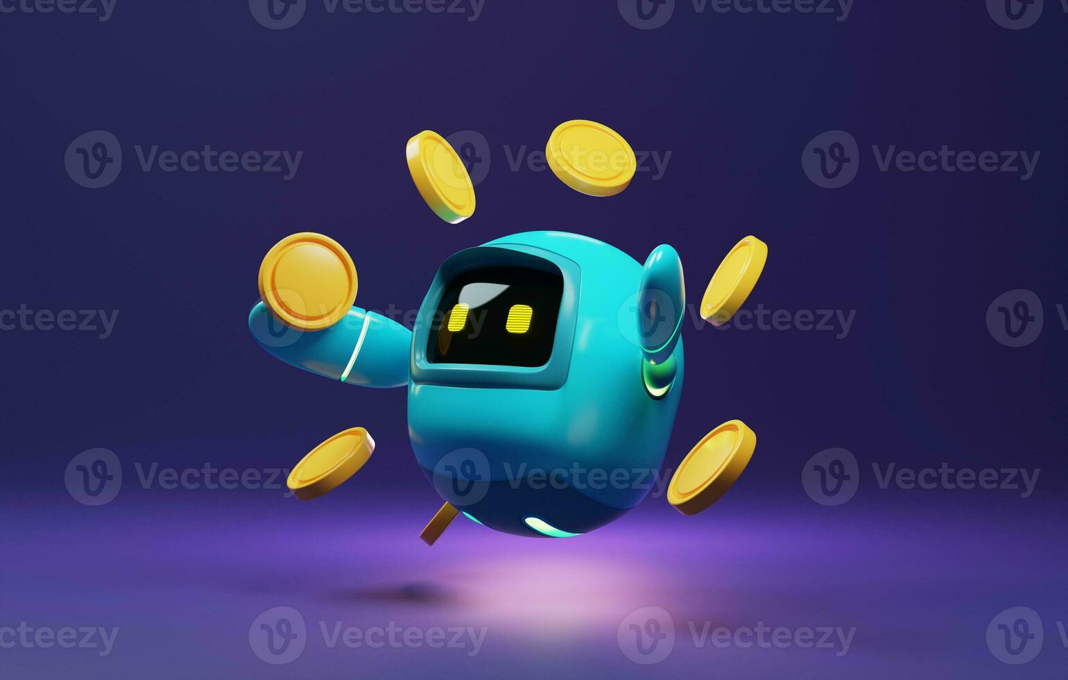 Blue robot holding a coin on purple background. . 3d rendering,3d illustration photo