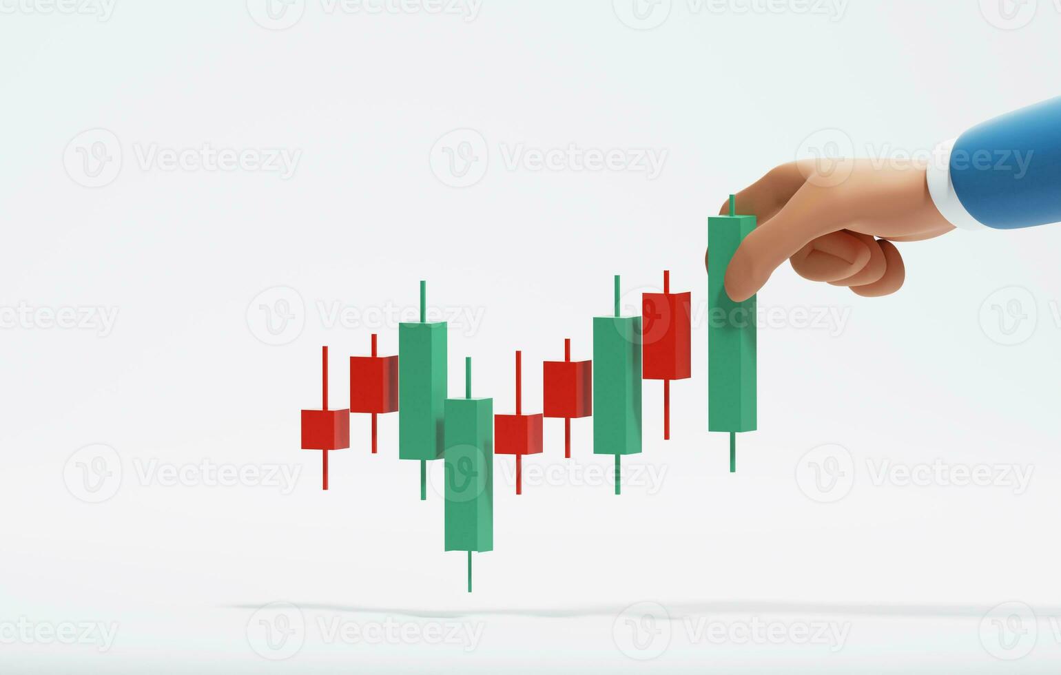 Candlestick chart in hands of businessman on white background. 3d rendering, 3d illustration photo