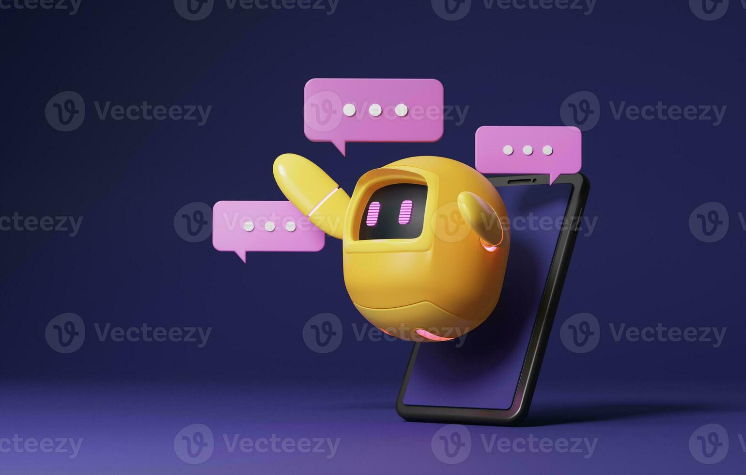 Yellow robot with bright conversational technology and smart phone on purple background. . 3d rendering,3d illustration photo