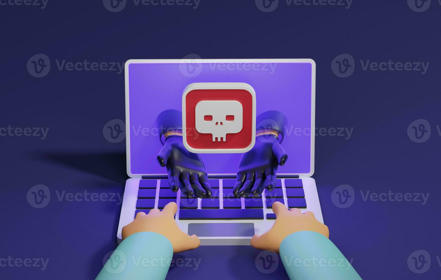 Cyber thieves are scamming online users through application on dark purple neon background.  3d illustration,3d rendering photo