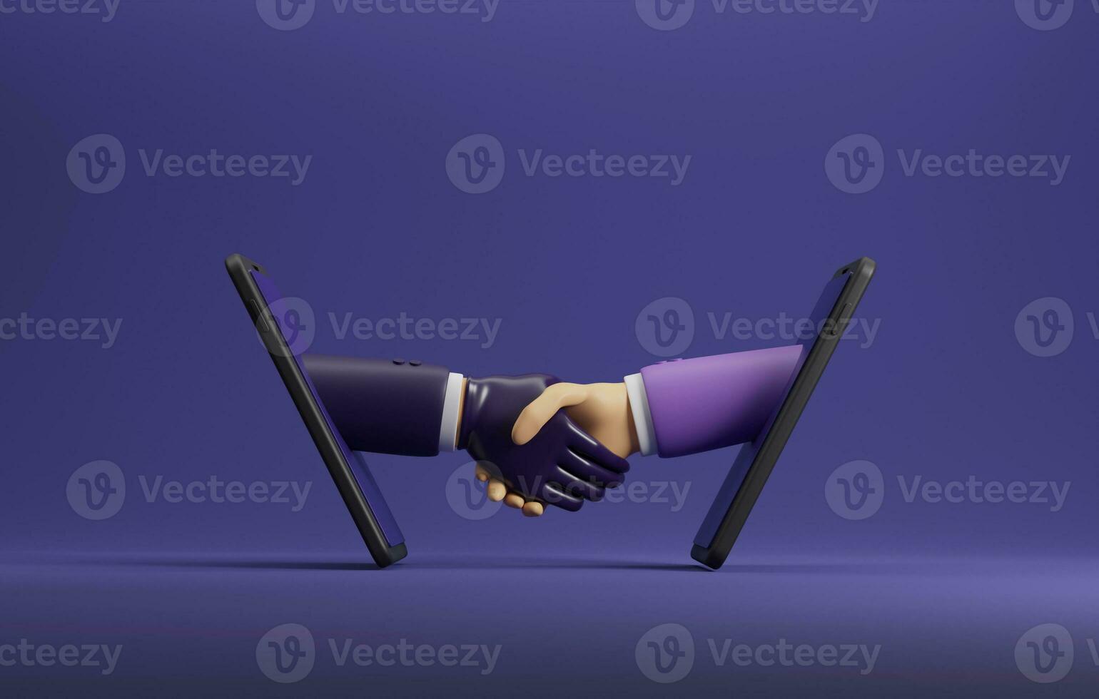 Business people shaking hands businessman wearing black gloves via smartphone.  3d illustration,3d rendering photo