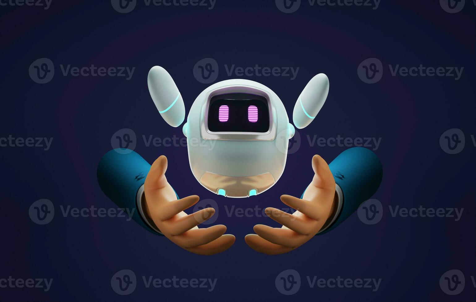 Cute robot on hand of businessman on purple background. . 3d rendering,3d illustration photo