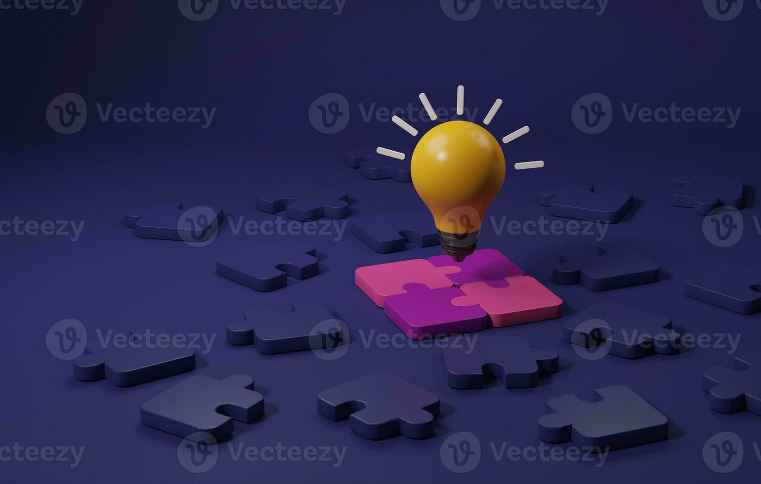 Yellow light bulb on jigsaw puzzle piece on purple background.  3d illustration,3d rendering photo
