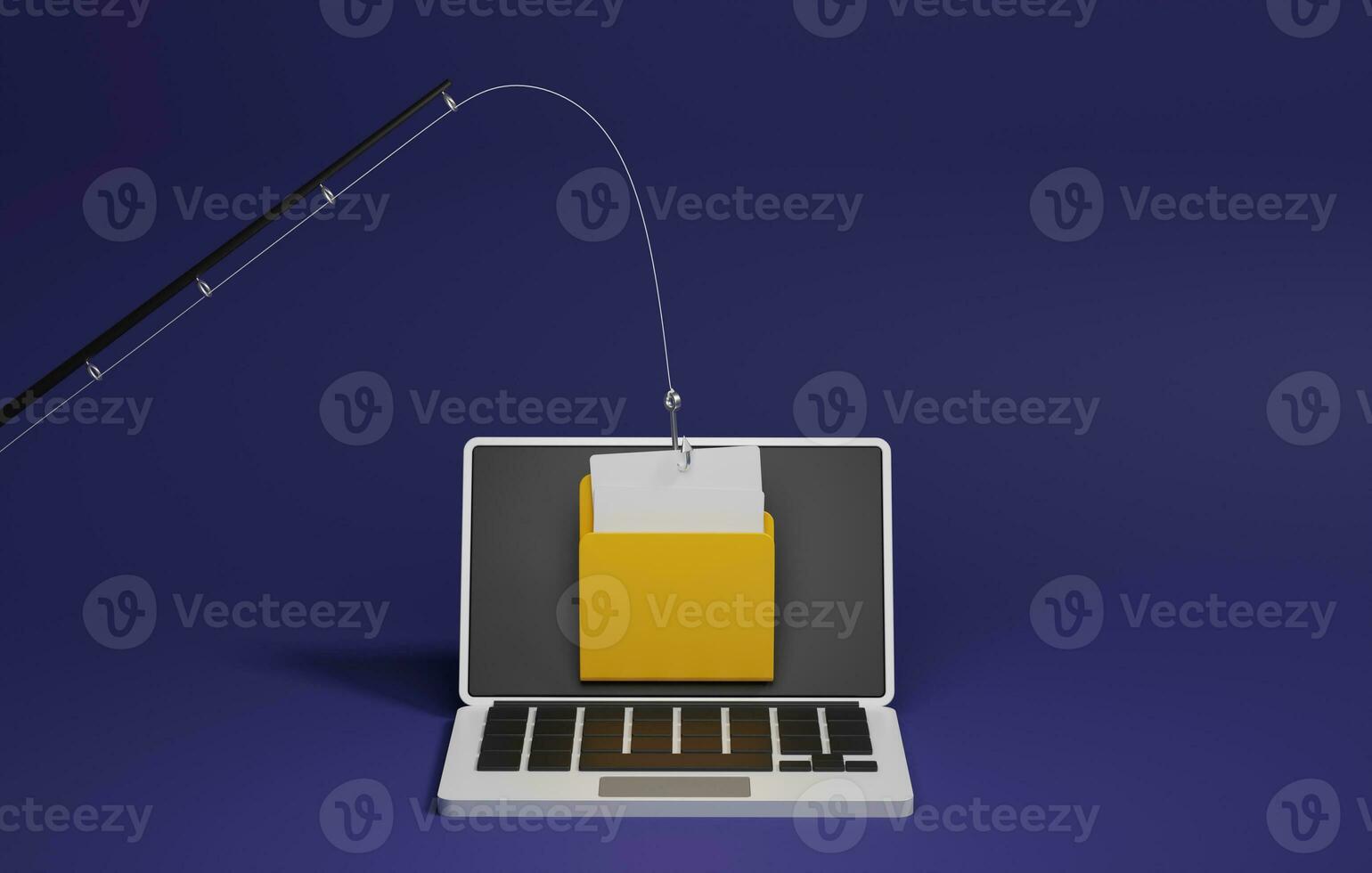 Hackers scam online user data in private folder documents in laptop screen on dark purple neon background.  3d illustration,3d rendering photo