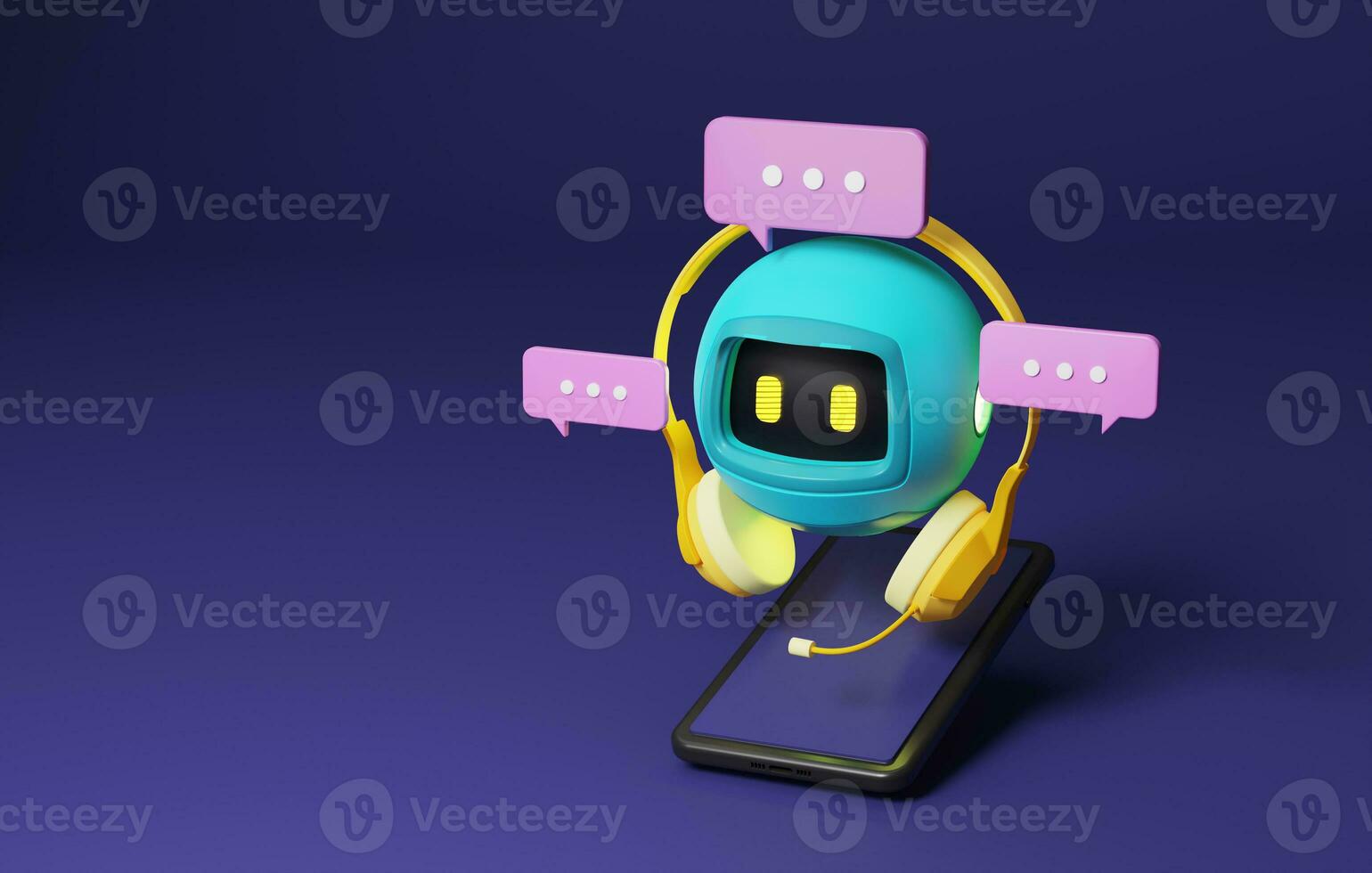 Blue robot with bright yellow headphones on purple background and smart phone on purple background. . 3d rendering,3d illustration photo