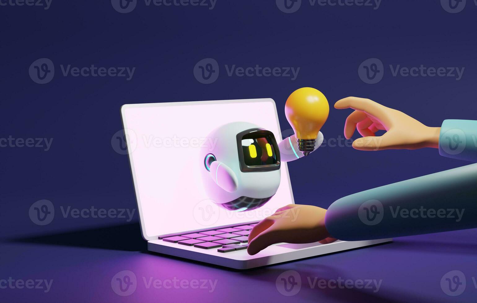 User hand touching cute robot light bulb through laptop on purple background. . 3d rendering,3d illustration photo