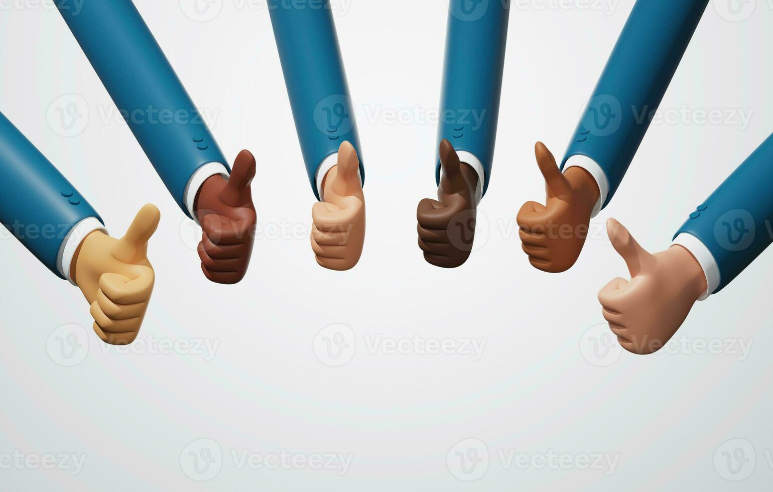 Close-up shot of businessman team thumbs up for success on white background. 3d rendering, 3d illustration photo