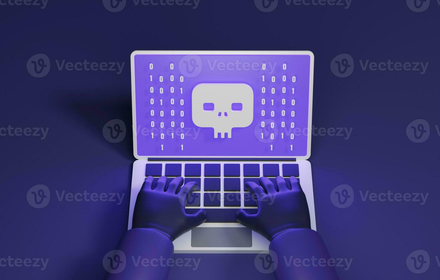ciber ladrones son estafar en línea los usuarios mediante ordenador portátil en oscuro púrpura neón antecedentes. 3d ilustración, 3d representación foto