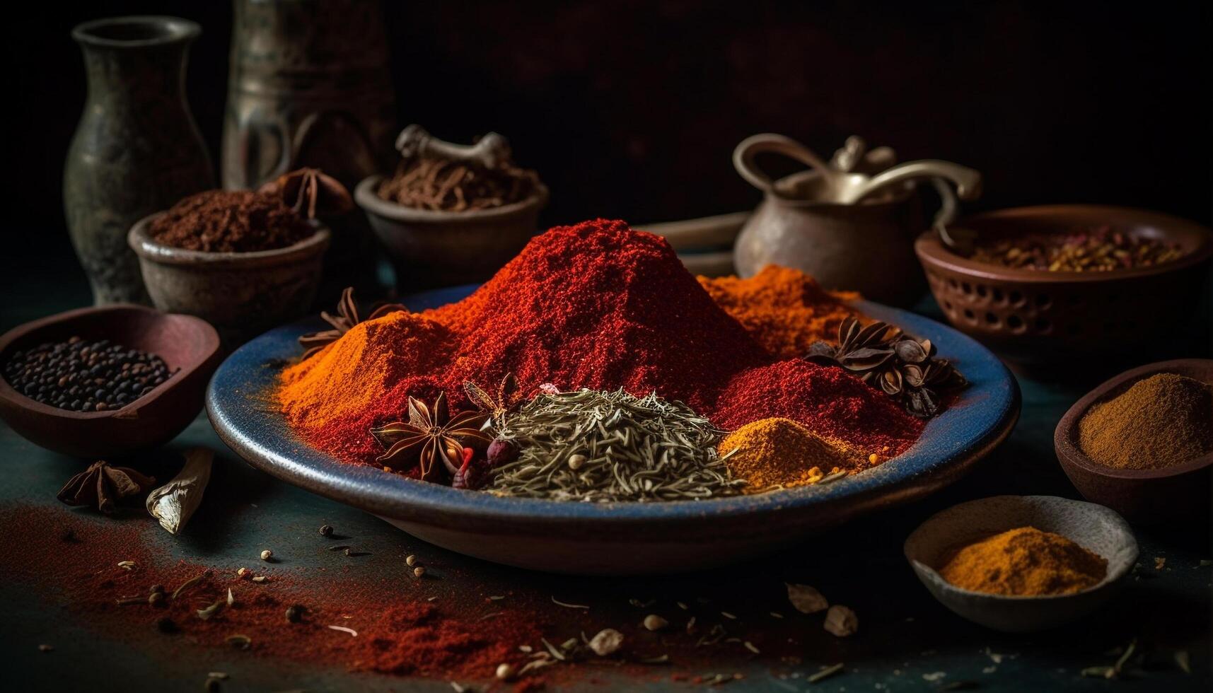 Spices and herbs make a delicious curry generated by AI photo