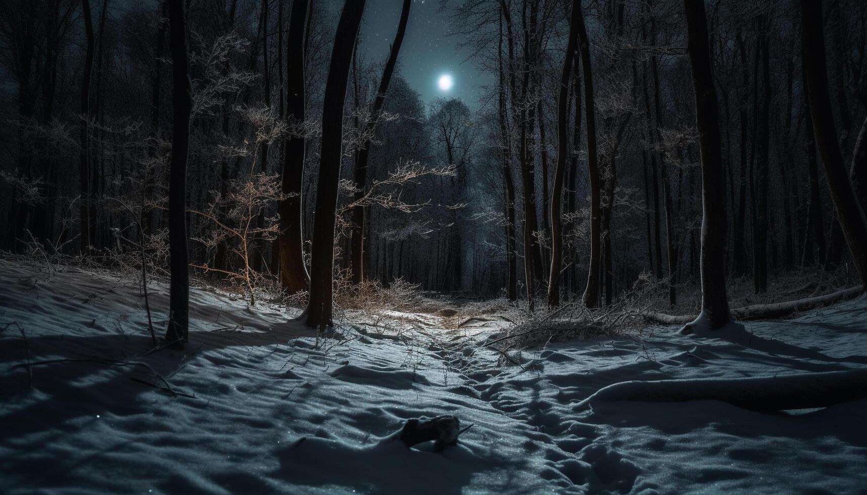 misterio de el escalofriante invierno noche bosque generado por ai foto