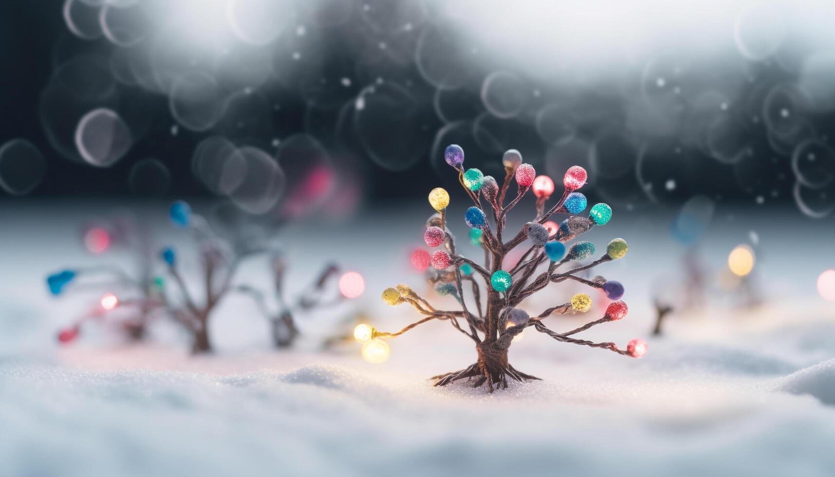 Christmas lights adorn snow covered tree, illuminated winter wonderland generated by AI photo