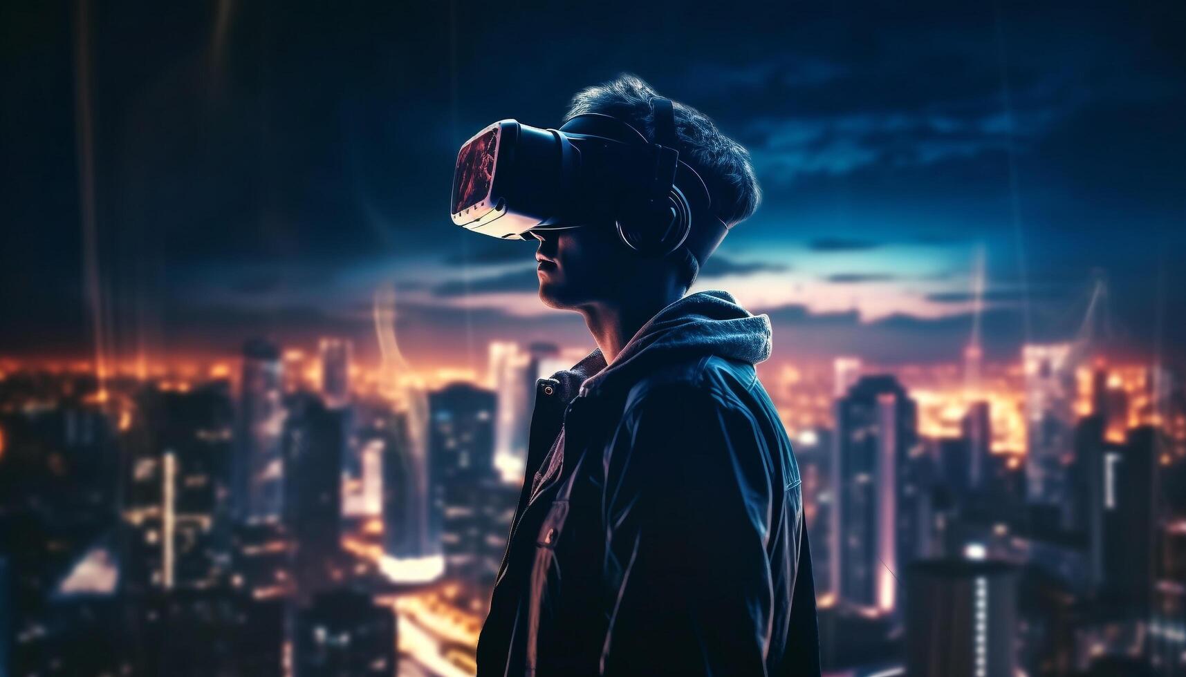 joven adulto explorador futurista paisaje urbano con vr generado por ai foto