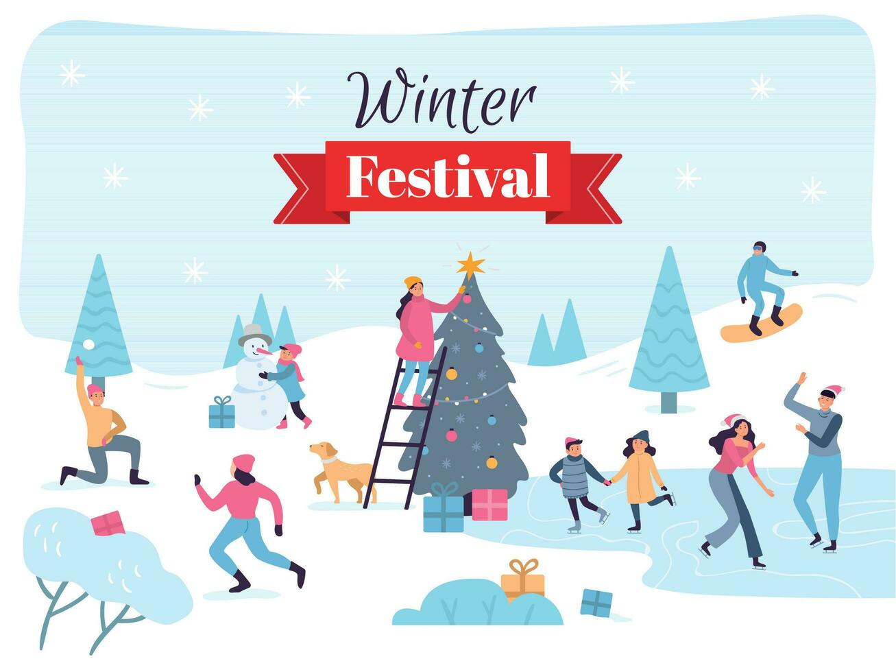 Winter festival. December holidays celebration, festive xmas decorations and families fun vector illustration