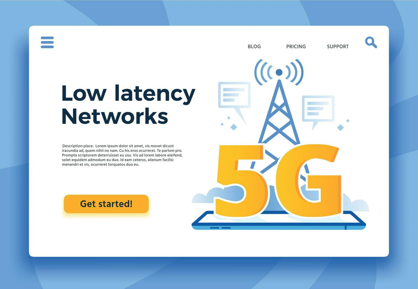 móvil 5g aterrizaje página. rápido Internet conexión, bajo latencia redes y comunicación red cobertura vector ilustración