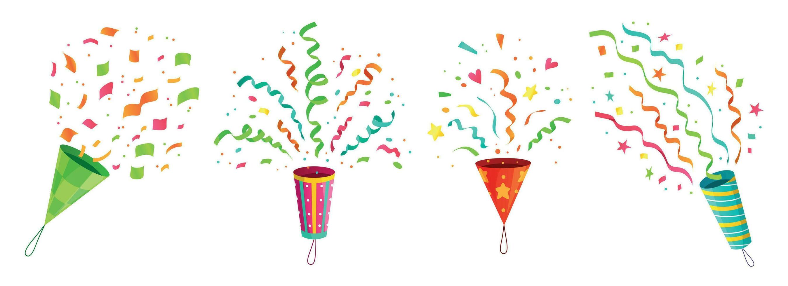 Party confetti popper. Exploding birthday celebration confetti poppers and flying congratulations ribbons cartoon vector set