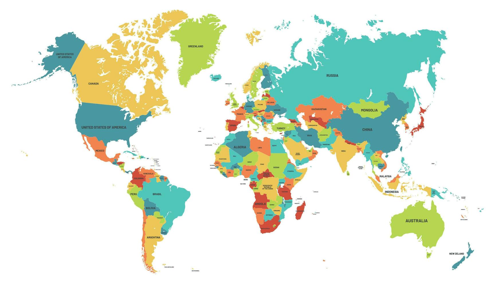 Colored world map. Political maps, colourful world countries and country names vector illustration