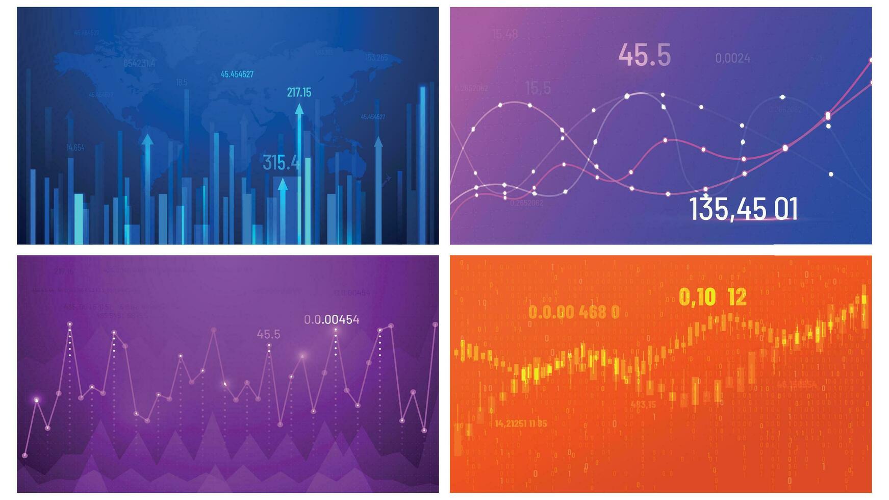 negocio crecimiento cuadro. financiero tendencia pantalla, inversión grafico y resumen datos pantalla ancha cartas antecedentes vector ilustración conjunto